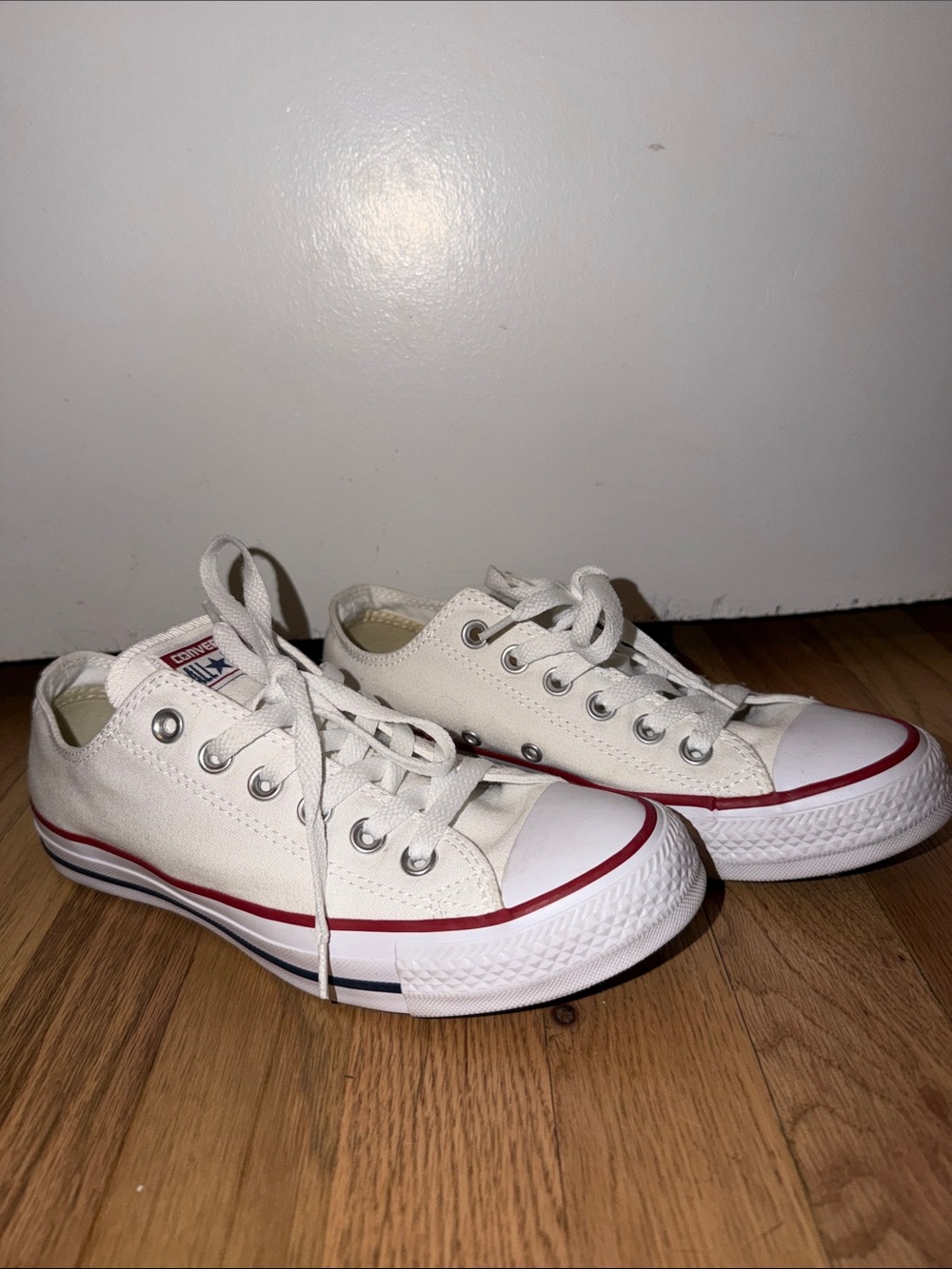 Converse Low-Top Canvas Sneakers in White with Red and Blue Trim Size 7